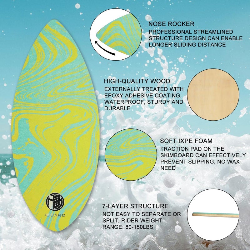 iBoard 41” Skipper Skimboard with High Gloss Coat Wooden Skim Boards for Beginners, Teenagers and Adults Beach Skimboard 3 Color Traction Pad to Choose - Image 3
